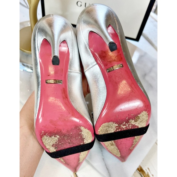 Gucci “Virginia Heart 95 mm Heart” Silver Leather Pumps - Picture 9 of 12